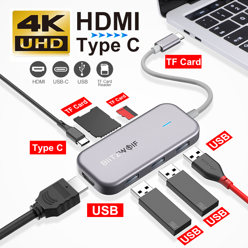 BlitzWolf BW-TH5 7 in 1 USB C HUB 4K Type C to USB 3.0 PD 100W Adapter