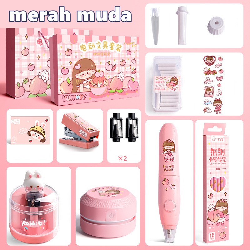 Electric Stationery Set / Set Alat Tulis Elektrik Rautan Penghapus Vacuum Pensil 12 In 1