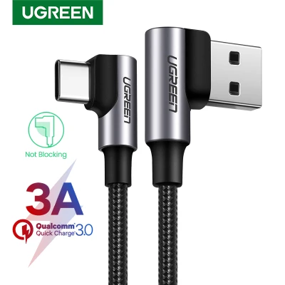 UGREEN 90 Degree 3A USB A to Type C Cable Nylon Braided Fast Charging Cable for SAMSUNG S20+, A50, Huawei nova 7i, Huawei P40