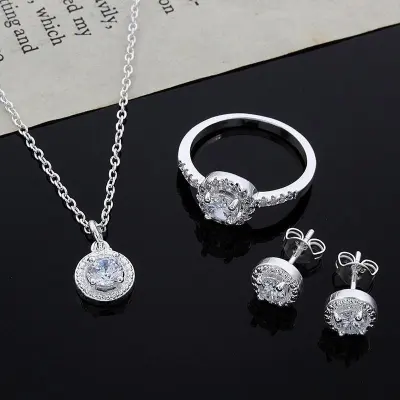 BUYINCOINS Womens 925 Silver Plated Crystal Necklace Earring Ring Set Jewelry Silver - intl