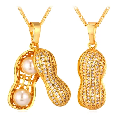 U7 Peanut Pearl Jewelry Luxury Cubic Zirconia 18K Real Gold Plated Pendant Necklace (Gold) - intl