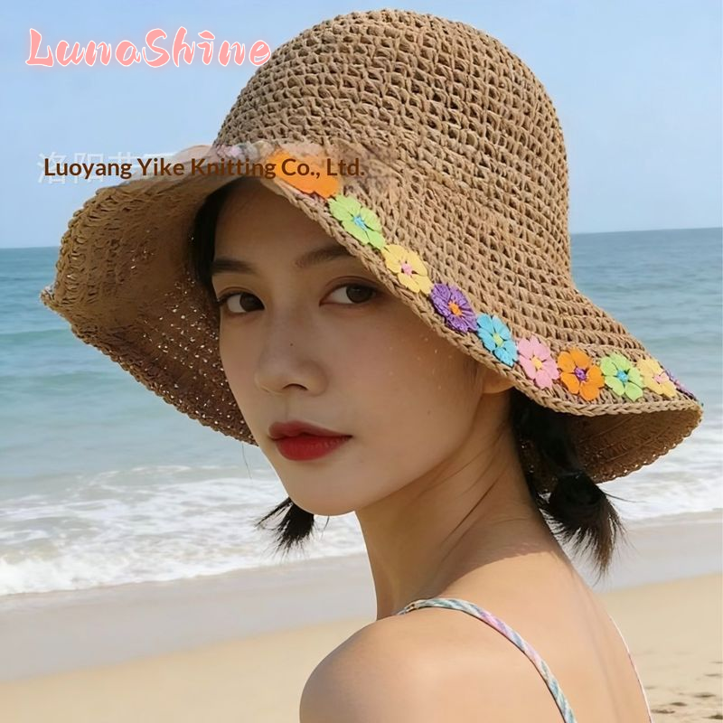 LunaShine| Sun Protection Hat Cute Flowers Woven Straw Hat Wide Brim Sun Protection Sun Hat Summer Beach Vacation Fashion All-Matching ราคา 69 บาท*ส่งฟรี