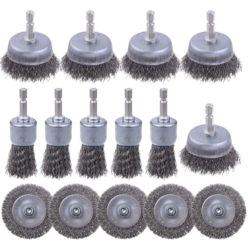 (KOCJ) 15 Piece Wheel Brush, Cup Brush, Pen Brush Set Gray Carbon Steel Wire Set for Rust Removal, Corrosion and Scrub Surfaces