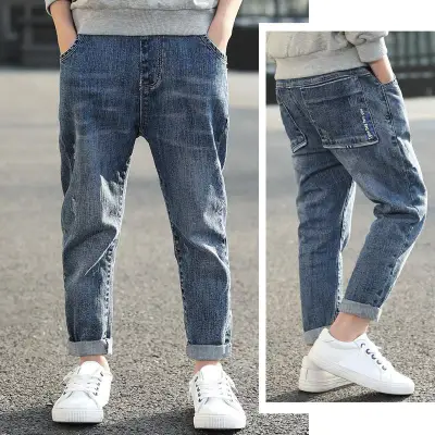 DIIMUU Teenage Child Boys Jeans 5-13Yrs Solid Casual Mid Elastic Waist Light Washed Straight Denim Pants Kids Boy Clothes Long Trousers