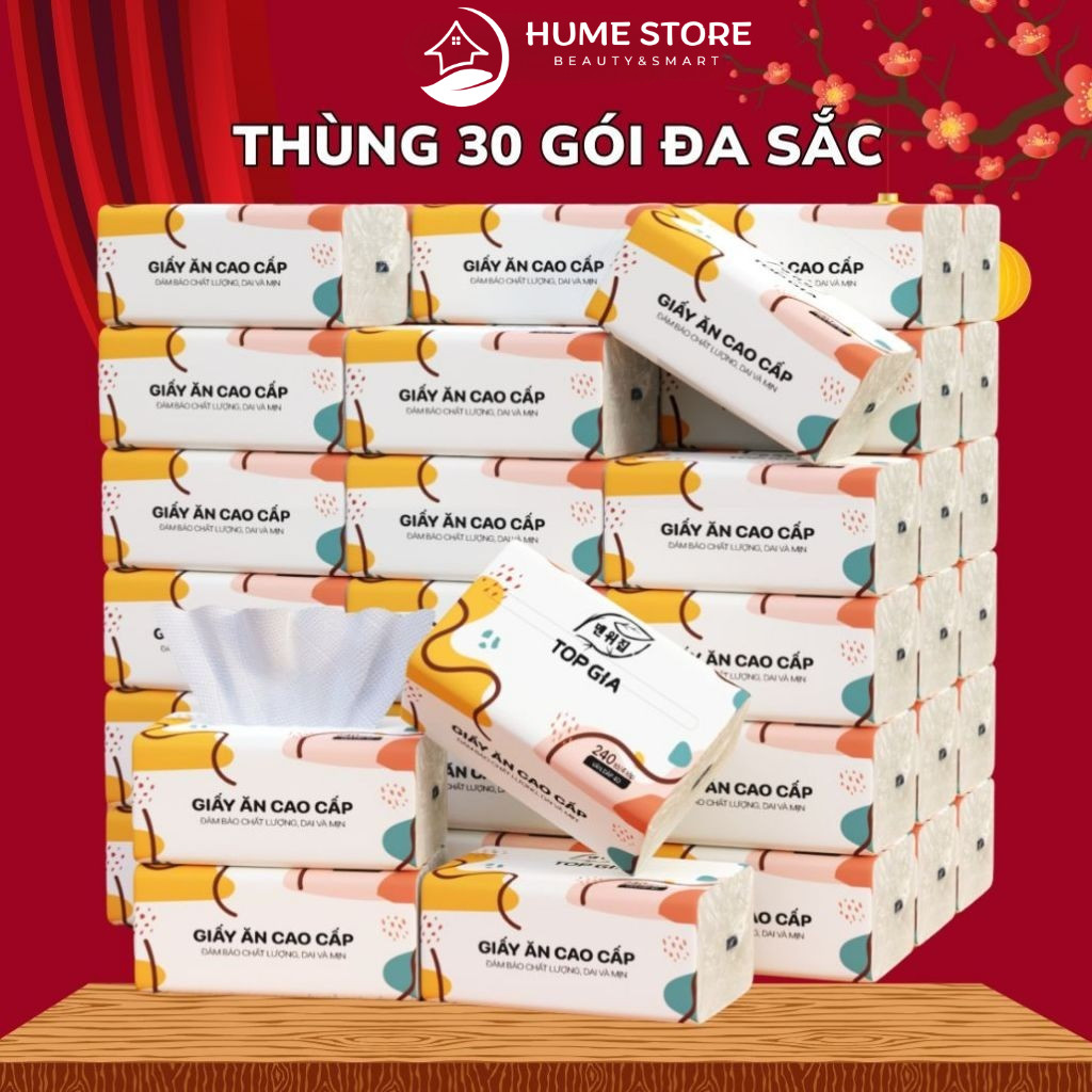 Giấy Ăn Rút Đa Sắc TOPGIA Thùng 20 gói cao cấp 240 tờ/ Gói 4 lớp dập vân 4D chắc chắn, mềm mịn, thấm hút