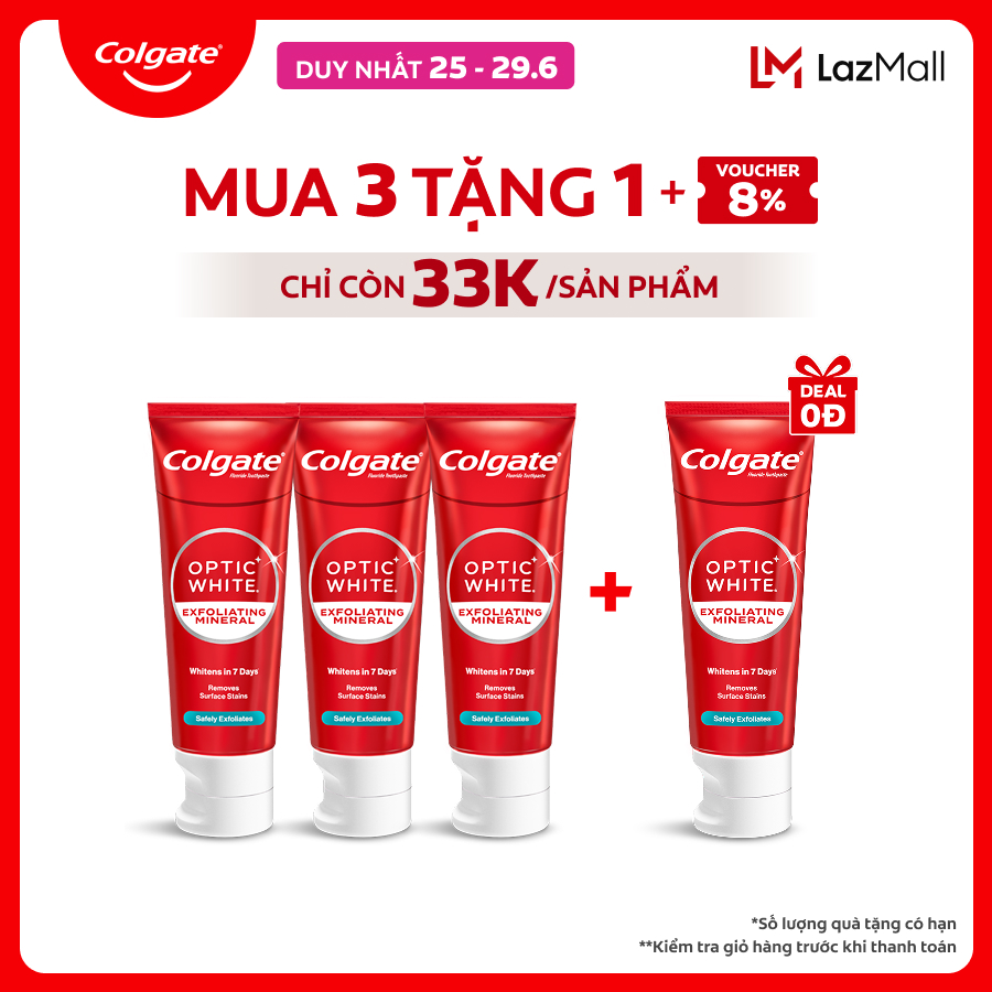 [Chỉ 25-29.6_Mua 3 tặng 1-Chỉ còn 33K/tuýp] Bộ 3 Kem Đánh Răng Colgate trắng răng Optic White cho răng sáng bóng từ tinh thể khoáng trắng