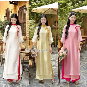 Áo dài cách tân tơ thiết kế né cổ đính nơ - Áo Dài Đan Linh