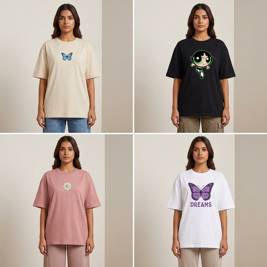 Aua&Co Printed T Shirts for Girls 4 Pcs Pack Trendy Half Sleeve Casual Tops with Comfortable Fit