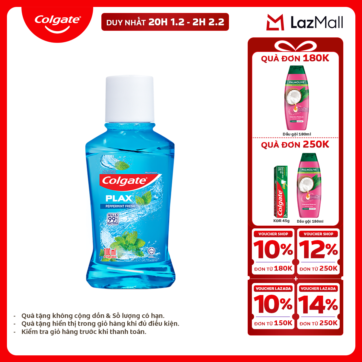 [Chỉ 20H 1.2 - 2H 2.2_X2 Voucher giảm 26%] Nước súc miệng Colgate diệt 99% vi khuẩn Plax bạc hà 100m