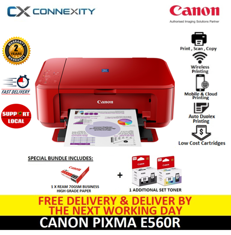 Canon Pixma E560R (RED) +1 Additional Set of Toner + 1 Ream 70GSM Business High Grade A4 Paper l Inkjet Printers l All-in-One Printer l Pixma E560 l Multi Function Printer l Canon Inkjet Printer l AIO Printer l E560R l Canon Printer Singapore