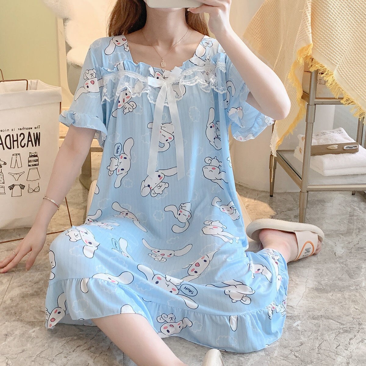 Sanrio cinnamoroll đồ ngủ cho phụ nữ phong cách kawaii cho nữ nightdress nightdress Hàn Quốc dễ thương Bộ váy cotton rộng lớn Y2K