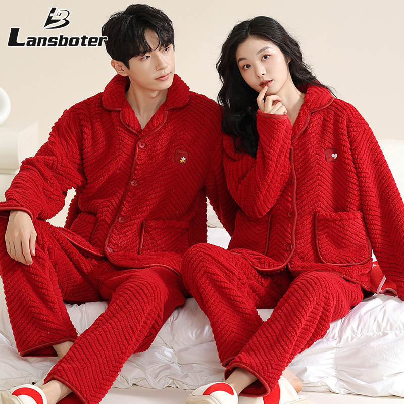 Lansboter đồ ngủ nam quần sì nam Đồ ngủ nam và nữ dày vải nhung san hô loungewear Bộ đồ ngủ đôi Mùa Thu/Mùa Đông Bộ đồ bằng vải flanen