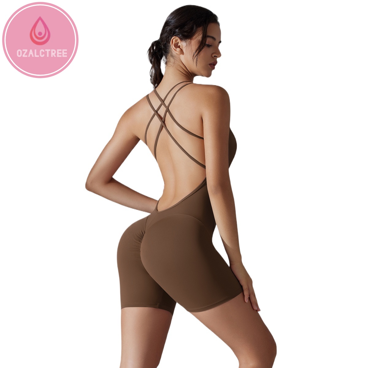 Ozalctree Bộ quần áo tập Yoga ngắn Bộ đồ tập thể dục hở lưng Bộ đồ thể thao áo liền quần co giãn quần áo tập thể dục nâng ôm bụng gầy