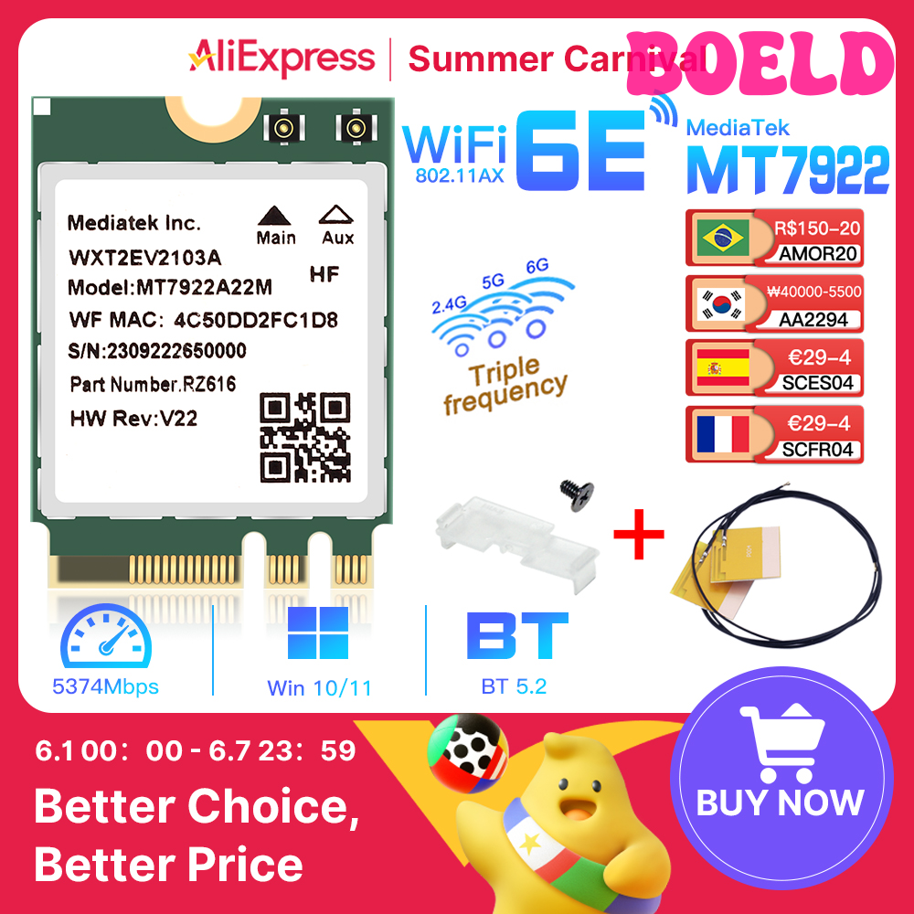 [Boeld] Wifi 6E mt7922 M.2 thẻ không dây 5374Mbps Bluetooth 5.2 Bộ chuyển đổi mạng 802.11ax 2.4G/5G/