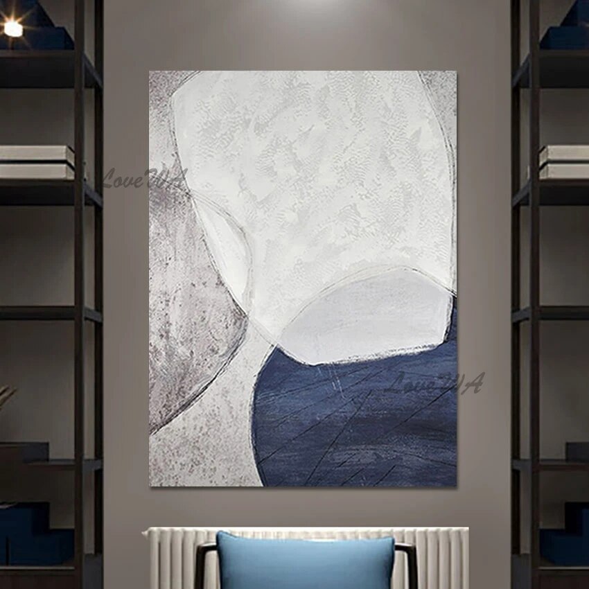 Trang trí nội thất tác phẩm nghệ thuật lớn trừu tượng hiện đại Linen treo tường bằng vải bố nghệ thuật D hình ảnh trắng xanh lam Acrylic sơn dầu
