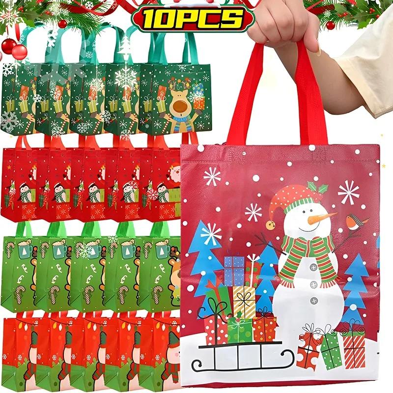  10Pcs Giáng Sinh Túi Quà Tặng Không Dệt Lễ Hội Túi dùng cho bữa tiệc tuần lộc của ông già Noel in người tuyết Giáng Sinh Năm Mới Túi Xách Bánh Quy Kẹo Lưu Trữ Túi 