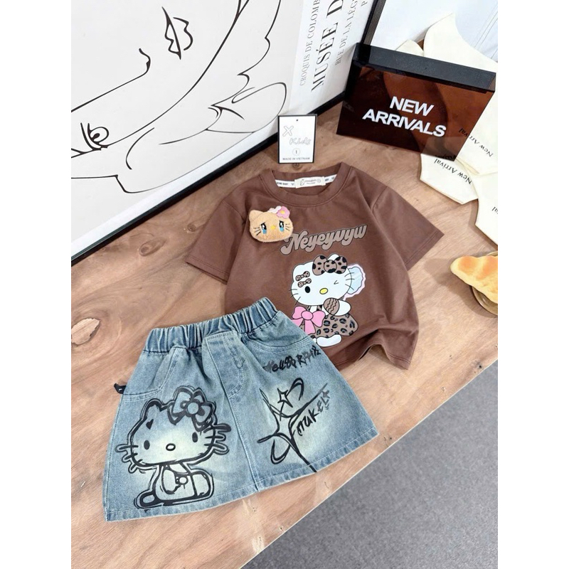 X59 Set bộ bé gái Set áo cotton ngắn tay mèo kity chân váy bò jean mềm cho bé gái