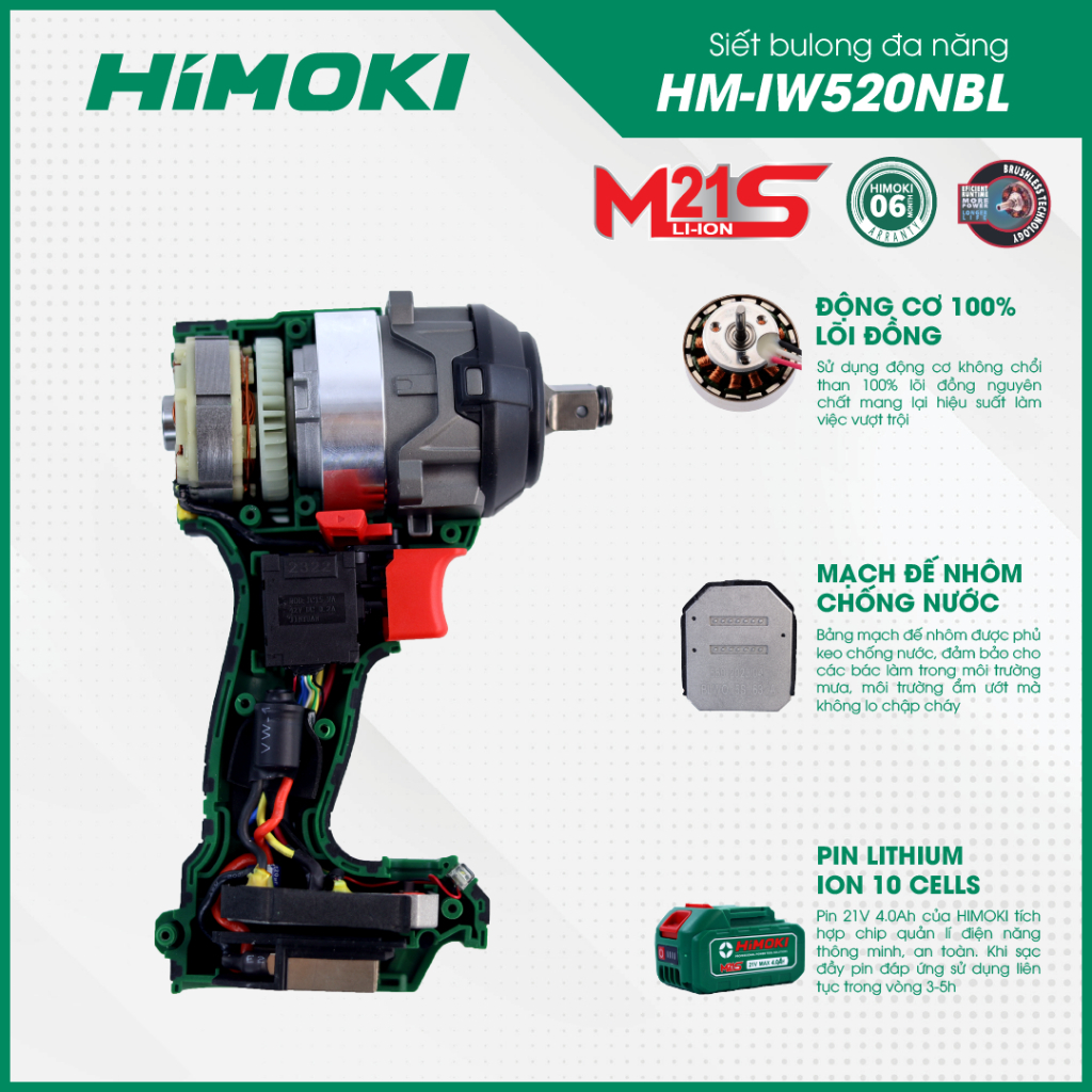 Thân máy siết bulong Himoki HM-IW520NBL - Hàng chính hãng Không chổi than