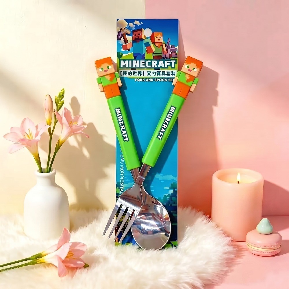 New Kids Funny Fork Spoon Set Two-piece Minecrafted ABS Handle Stainless Steel Tableware House Stuff