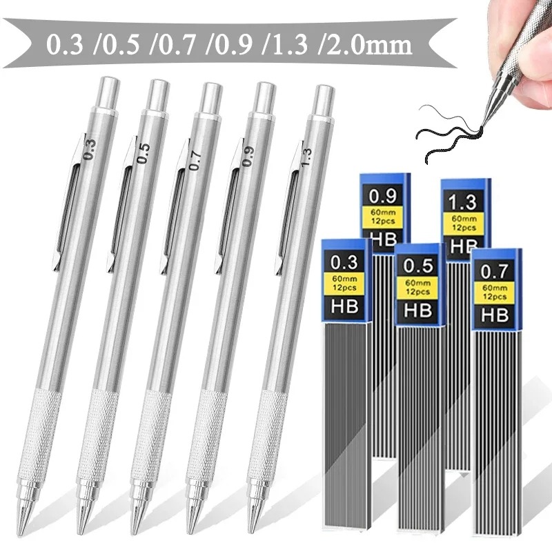 0.3 0.5 0.7 0.9 1.3 2.0mm Mechanical Pencil Set Full Metal Art Drawing