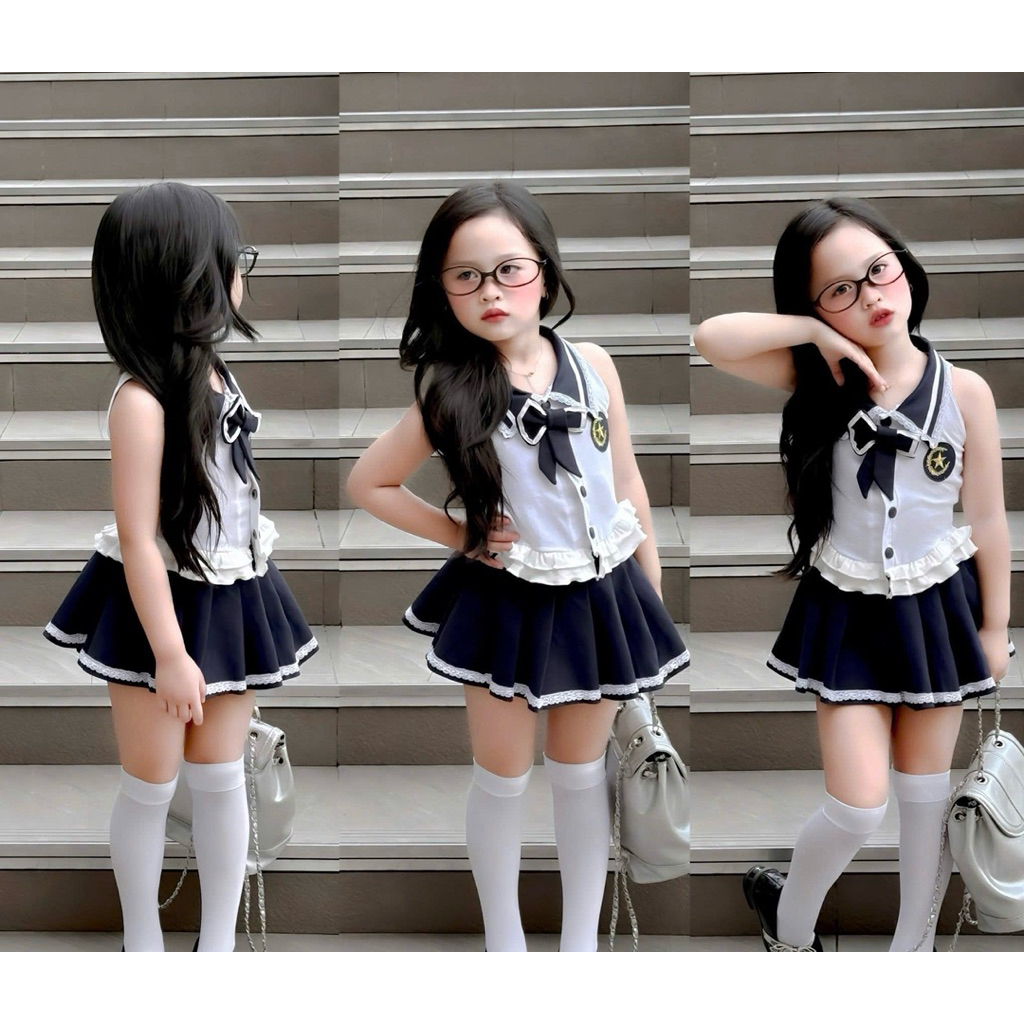  KH41 Set áo nơ cổ ren chân váy viền ren cho bé gái 