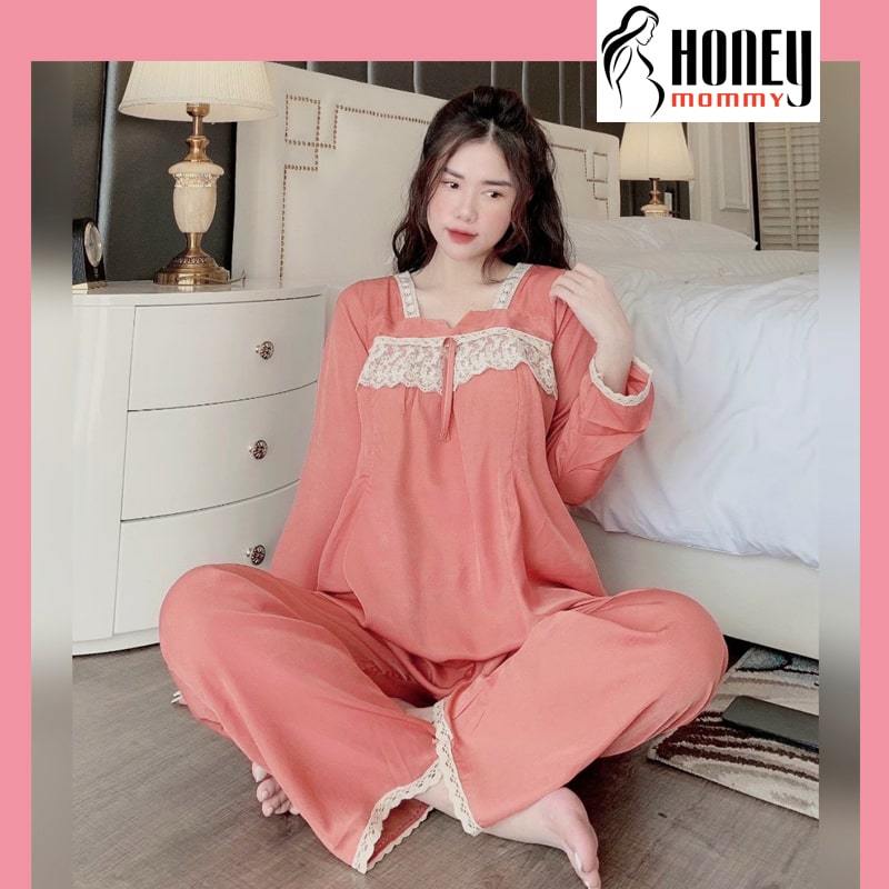 Bộ Bầu Và Sau Sinh Đồ Mặc Cho Con Bú Dài Tay Chất Cổ Phối Ren Chất Đũi Lạnh HT4615 Honey Mommy