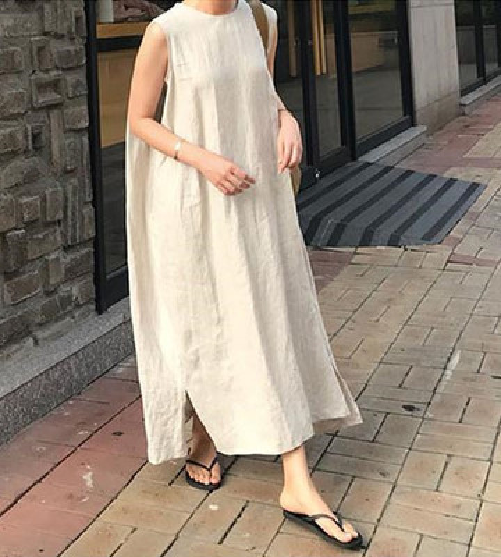 Váy liền thân rộng rãi vải cotton gai mẫu mới hè 2020 Dongdaemun Hàn Quốc váy dài áo lót không tay khí chất nghệ thuật dáng lửng
