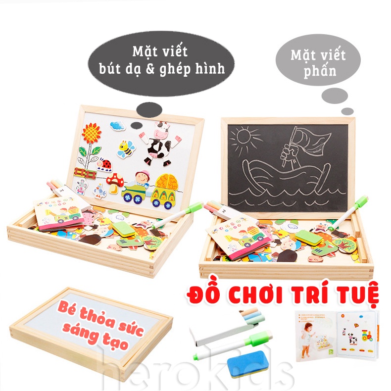 Bộ bảng xếp hình nam châm thông minh 2 mặt, tranh ghép hình gỗ cho bé loại to đẹp nhiều chủ đề