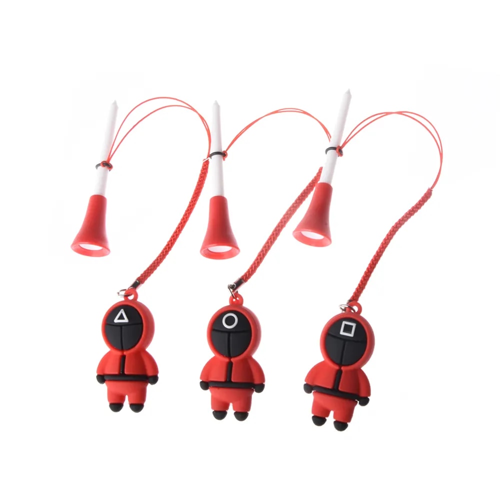 3PCS Golf Plastic Tees With 3D Squid Game Figures Mask Cartoon Pattern Prevent Loss Handmade Rope Golf Ball Holder Rubber Tee
