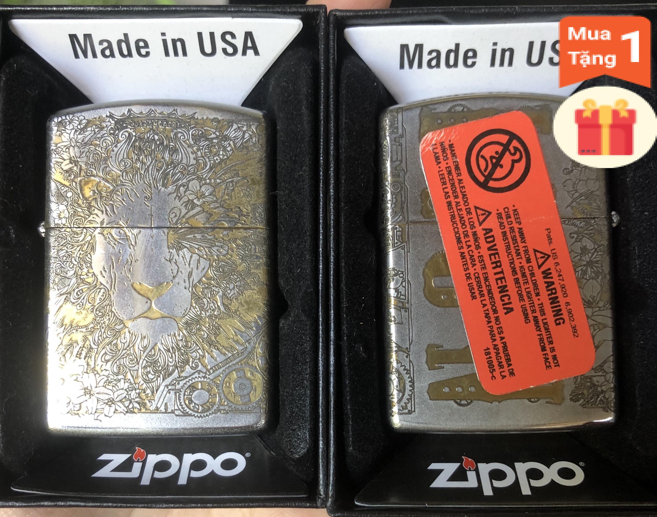 ZIPPO SƯ TỬ MẮT HOA MÀU TRẮNG BẠC MAIN USA HÀNG HIẾM- VỎ ĐỒNG CÓ TEM ĐỎ