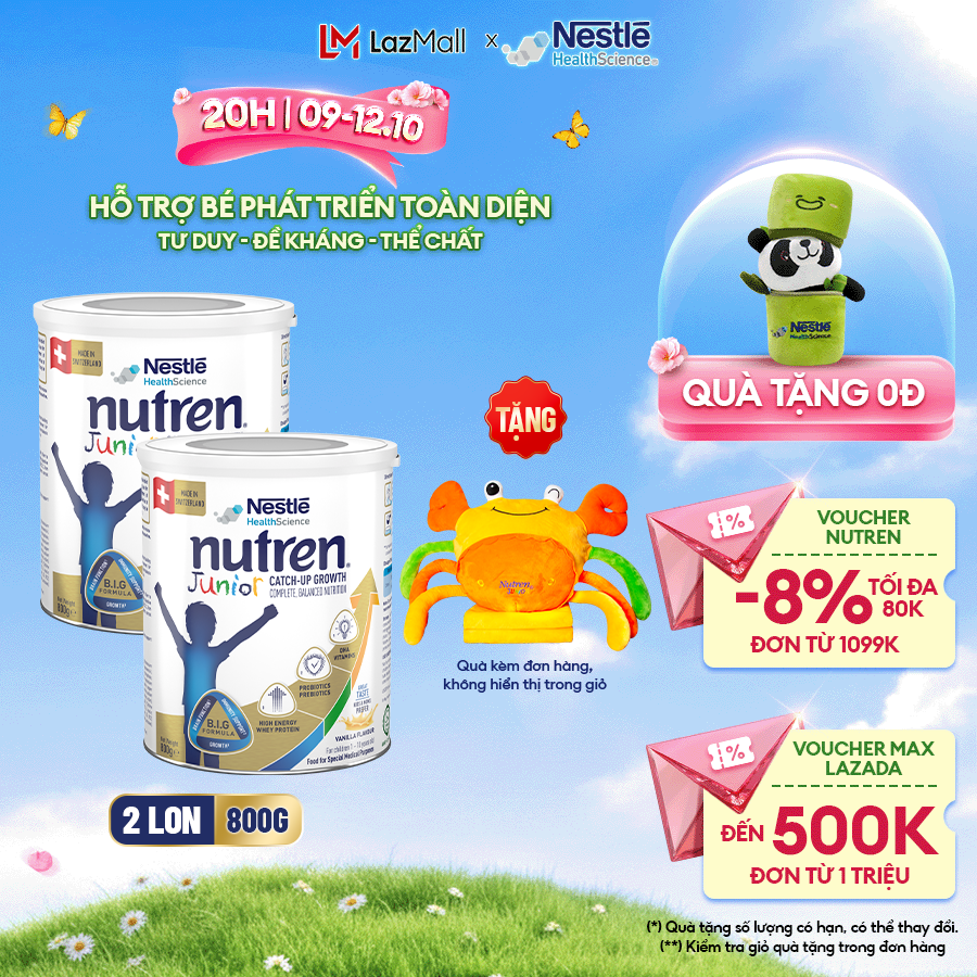 [Tặng Bộ Mền Gối Con Cua] Bộ 2 Sữa Bột NESTLÉ NUTREN JUNIOR Xuất Xứ Thụy Sĩ Công Thức BIG Hỗ Trợ Tăng Trưởng Thể Chất,Trí Não,Đề Kháng Cho Bé 800G