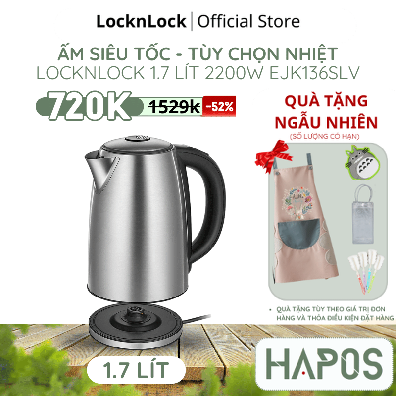 Bình siêu tốc locknlock ejk136slv 1.7l 2200w, ấm đun nước tùy chọn nhiệt độ sôi, giữ nhiệt sau khi đun - hapos