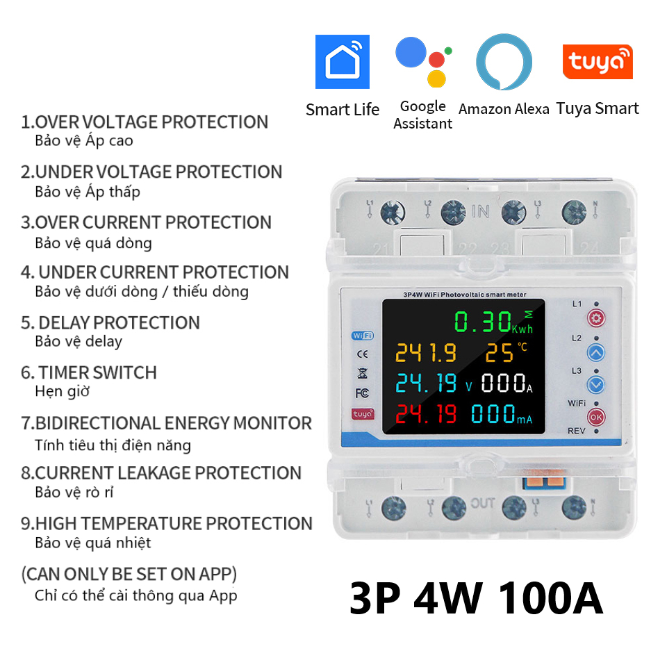Công tơ điện tử 3 pha, 2 pha Wifi Tuya Smartlife 100A thông minh bật tắt từ xa