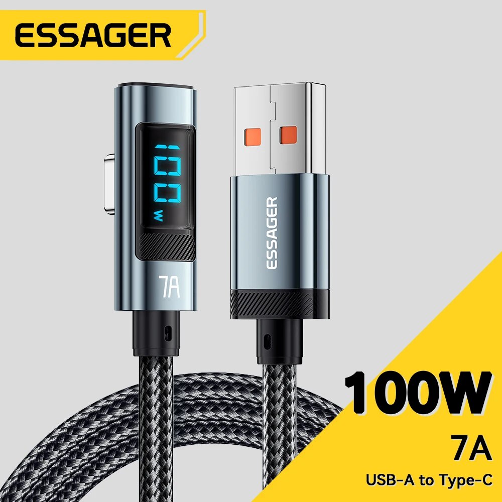 Essager 7A 100W USB C Cáp Sạc Nhanh Màn hình hiển thị kỹ thuật số PD Loại C để Loại C 90 độ khuỷu ta