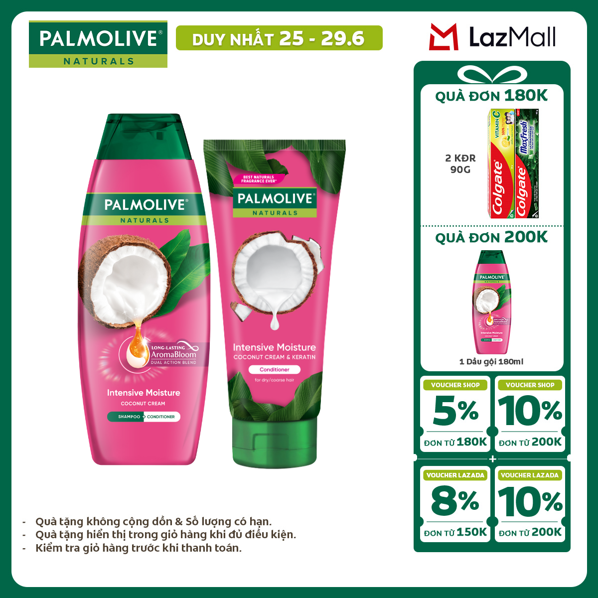 [Chỉ 25-29.6_X2 Voucher giảm đến 20%] [MỚI] Bộ Dầu gội và Dầu xả Palmolive chiết xuất thiên nhiên  keratin cho tóc mềm mượt, lưu hương bền lâu 180ml