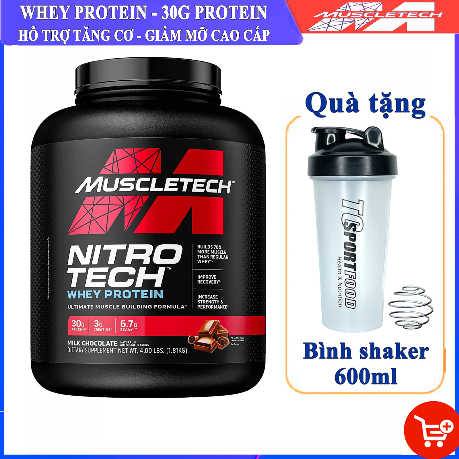 FREE SHAKER Sữa tăng cơ cao cấp Whey Protein Nitro Tech của MuscleTech hộp