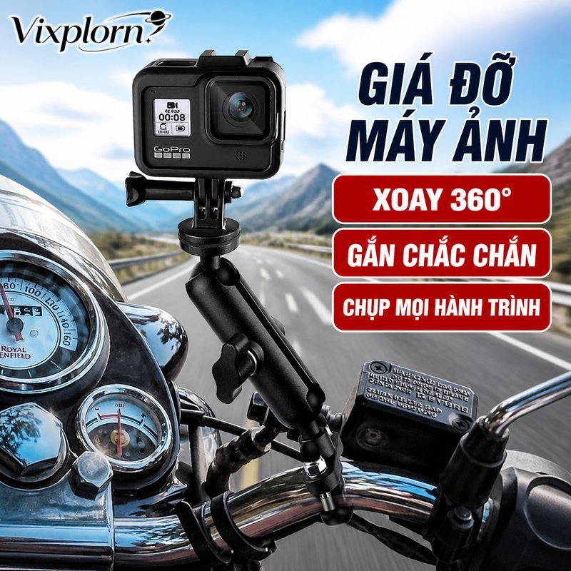 Vixplorn giá đỡ camera hành trình gắn gương xe máy xe đạp xoay 360 kẹp tay lái chống rung hợp action cam