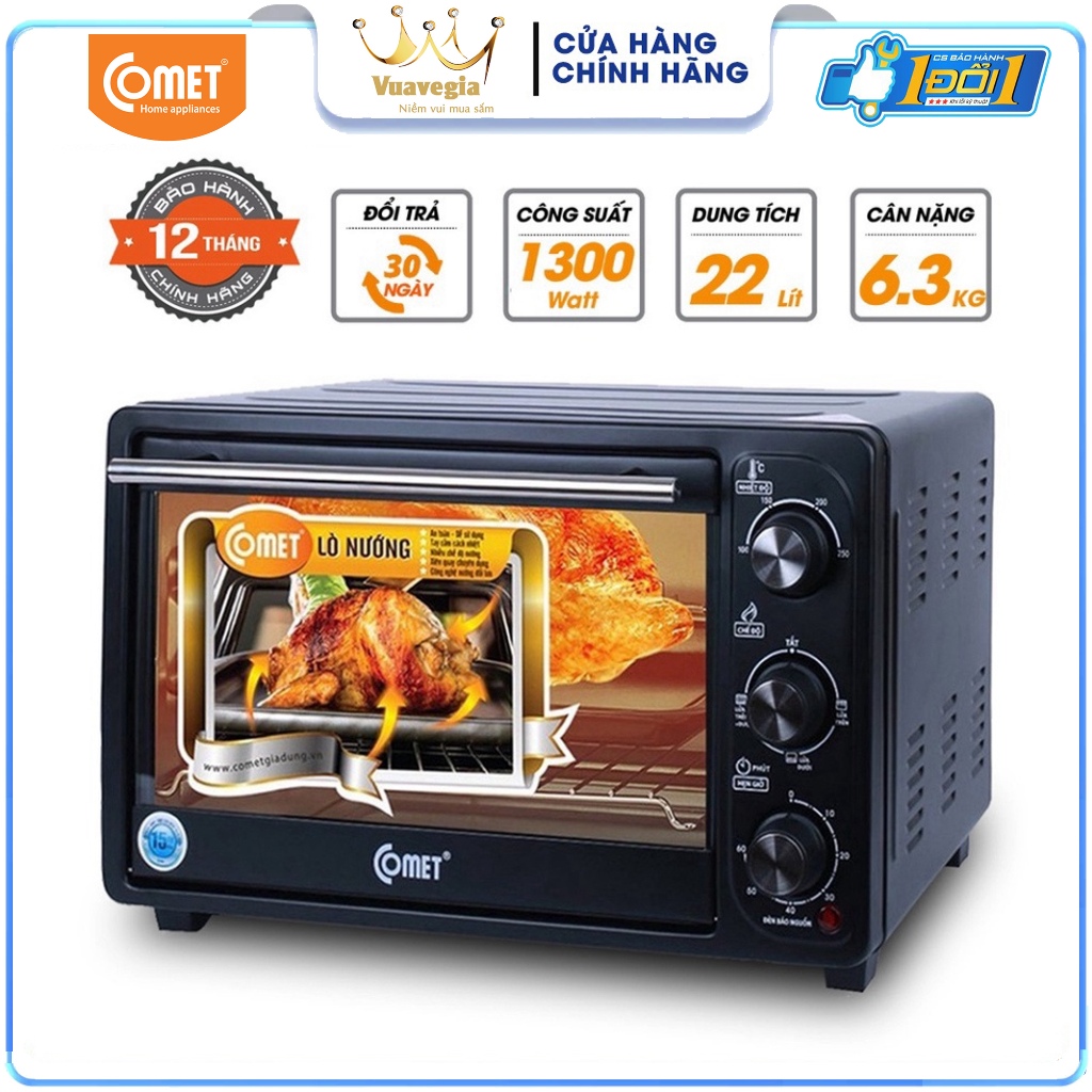 Lò Nướng Điện 22 Lít Comet CM6526 - Rất Thích Hợp Nướng Bánh Nướng Thịt - Hàng Chính Hãng Bảo Hành 12 Tháng