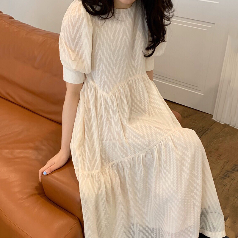 Hàn Quốc Chic Mùa Hè Nhẹ Nhàng Bơ Mai Họa Tiết Cổ Tròn Dáng Suông Rộng Thanh Lịch Swing Tay Bồng Đầm Váy Dài