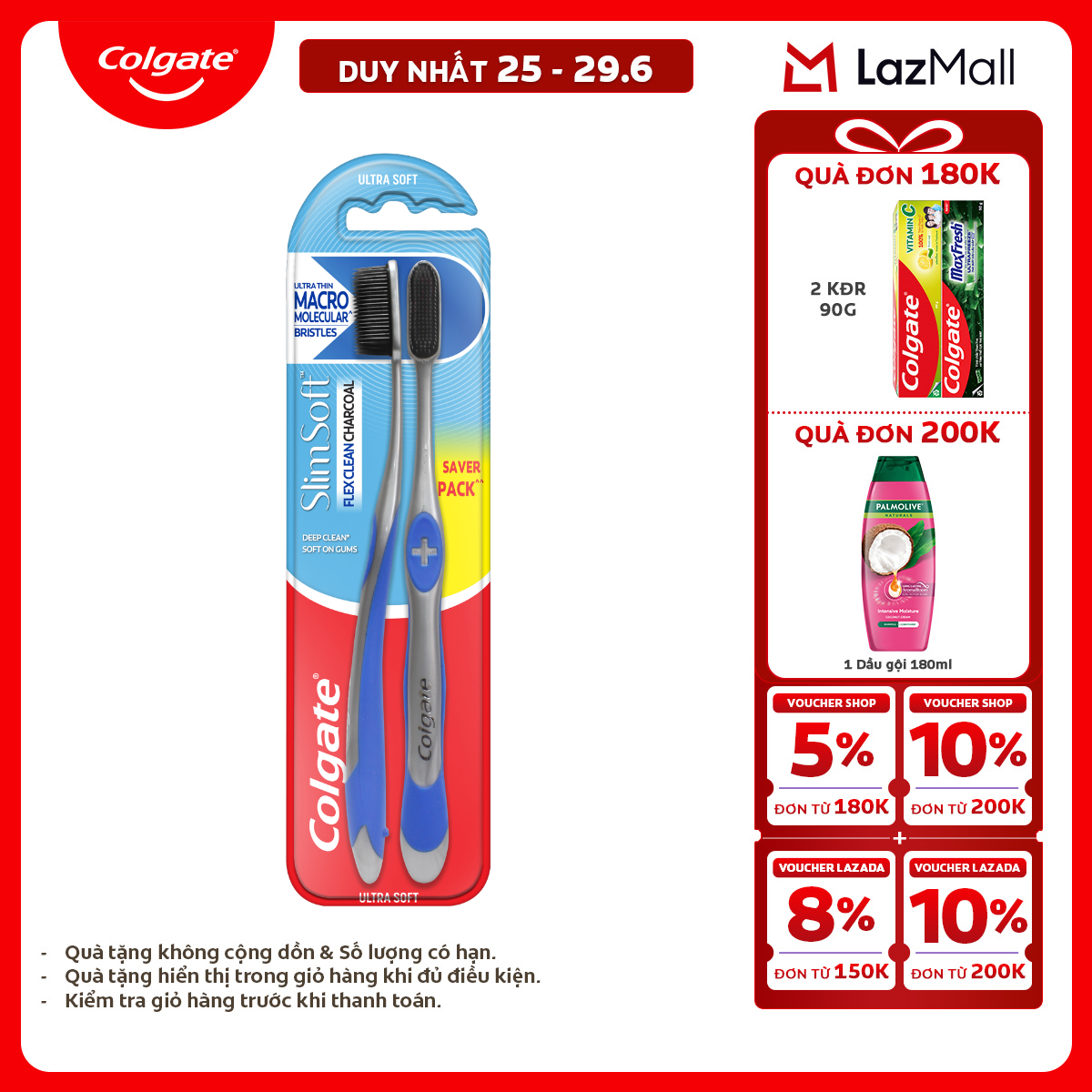 [Chỉ 25-29.6_X2 Voucher giảm đến 20%] Bộ 4 bàn chải Colgate Slimsoft Flex Clean Charcoal nguyên khối than hoạt tính kháng vi khuẩn