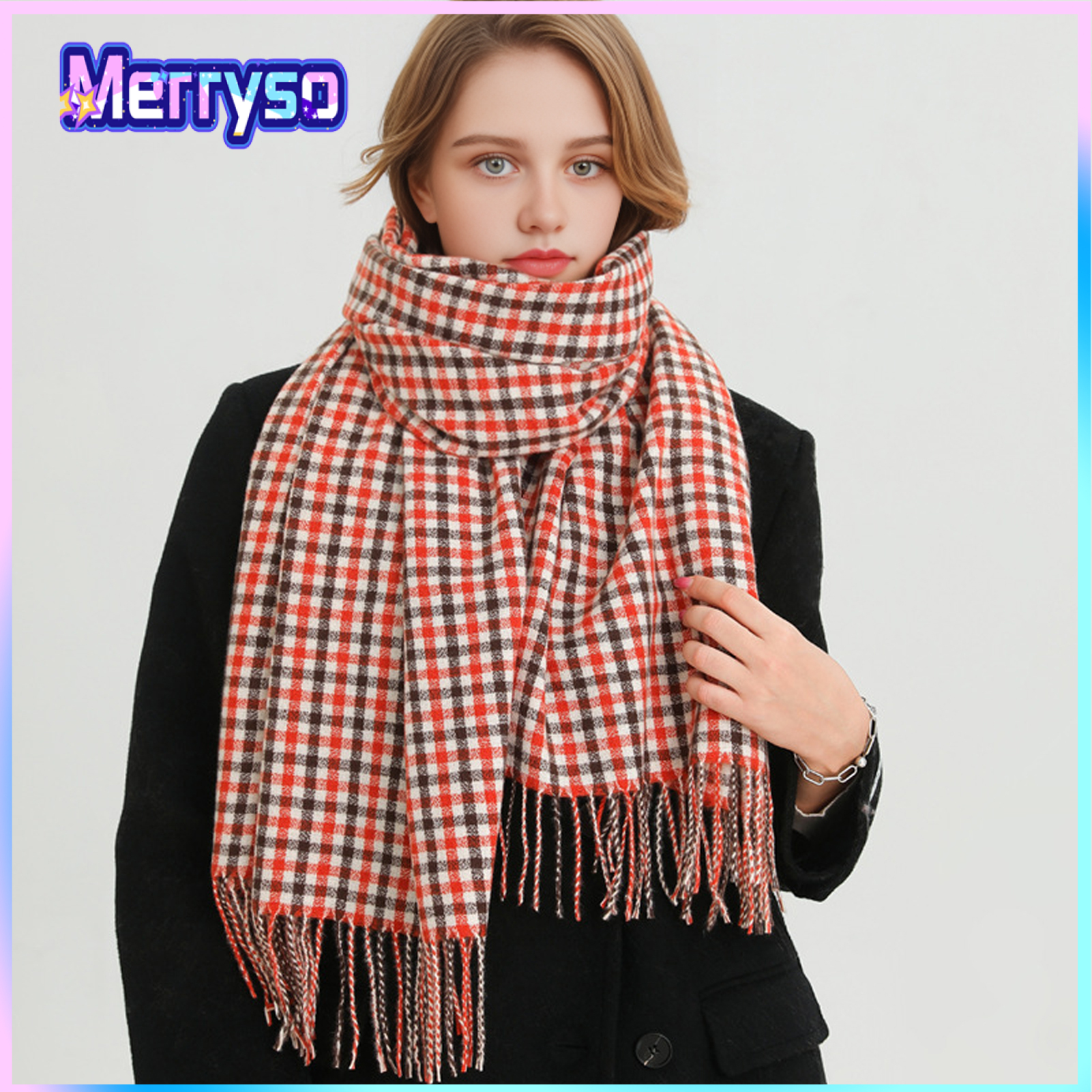 Women Scarf Plaid Print Knitting Shawl with Tassel Decoration Warm Scarf Versatile Comfortable Hair Accessory ราคา 274 บาท*ส่งฟรี