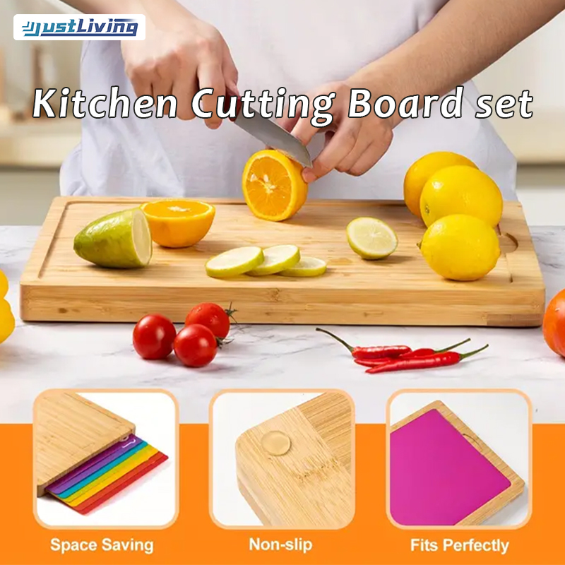 JustLiving Bamboo Cutting Board Set with 7 Coded Flexible Cutting Mats for Chopping Bread/ Cheese/ Fruits/ Vegetables/ Meats/ Charcuterie Chopping Board Set for Easy Food Prep ราคา 1,099 บาท*ส่งฟรี