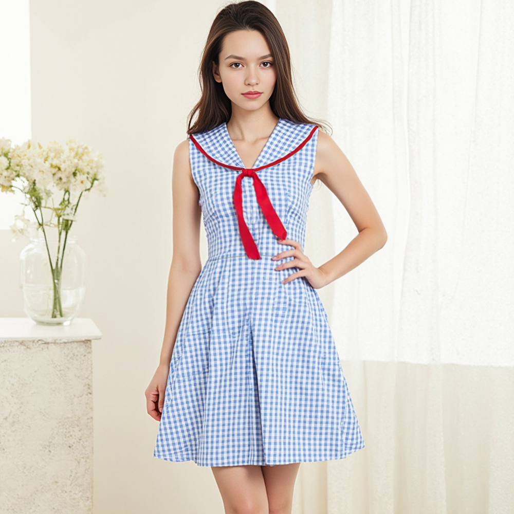 Closet Crush ชุดสำหรับผู้หญิงฤดูร้อนสไตล์ P Reppy ลายสก๊อตผูกพันแขนกุดเซเลอร์คอลูกไม้ขึ้นมินิ A-Line ออกเดทชุด B250422 ราคา 341 บาท*ส่งฟรี