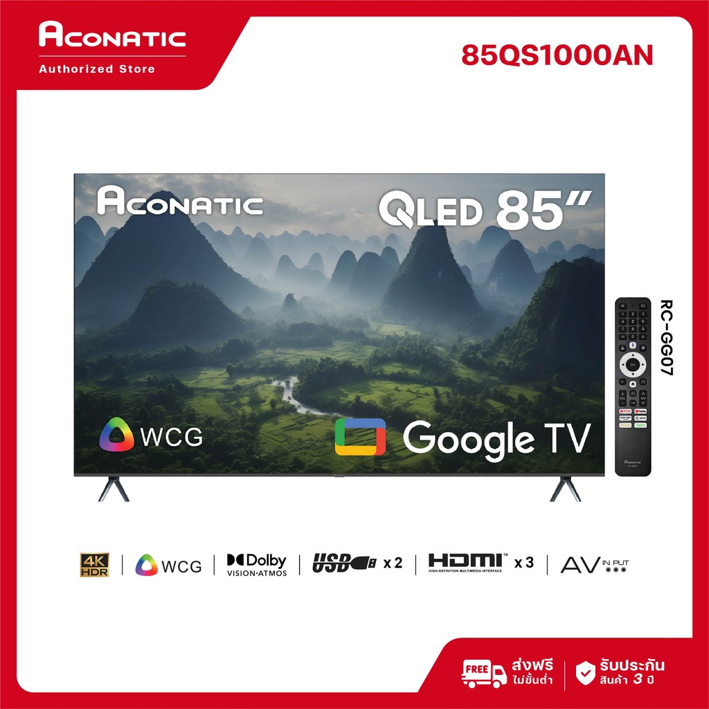 (NEW 2025) Aconatic ทีวี 85 นิ้ว QLED 4K Google TV รุ่น 85QS1000AN Dolby Vision Atmos MEMC Voice Search Netflix YouTube ราคา 42,690 บาท*ส่งฟรี