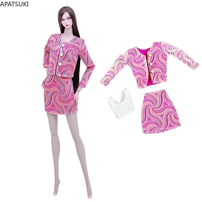 3pcs set Pink Coat Skirt Outfits For Barbie Doll Fashion White Top Jacket