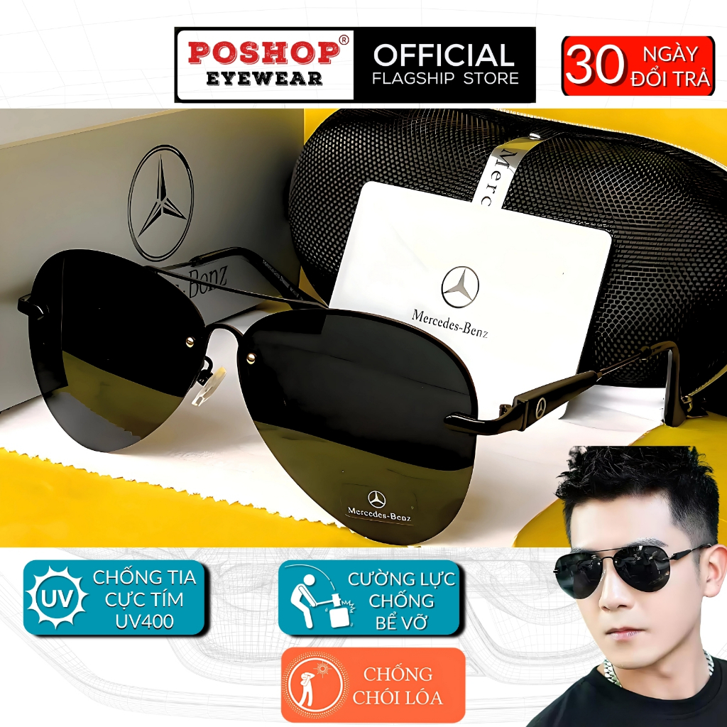 Kính Mát Đen Nam Chống Chói Cao Cấp MERCEDES Kính Râm Tròng Phân Cực Ngày Đêm Gọng Titan Chống UV M1