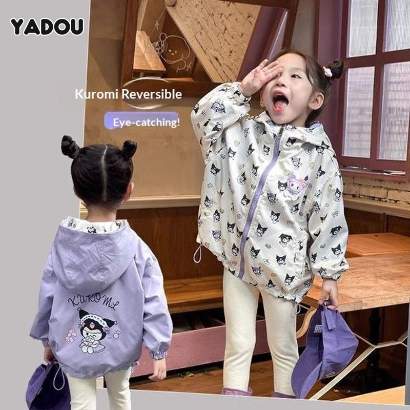 Yadou dễ thương in hoạt hình Reversible Áo khoác cho cô gái mùa thu thời trang trẻ em áo gió trùm đầu outwear