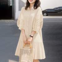 ZANZEA Korean Style Women Autumn 3/4 Sleeve Hollow Out Lapel Plain Dresses Ruffled Button Knee Length Dress #1208