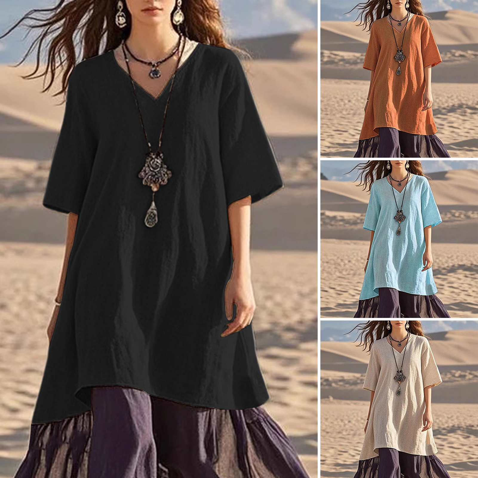 Chic Phụ Nữ Quần Áo 5-Điểm Tay Áo Váy Boho Chắp Vá V Cổ Đầm dáng xòe Cho Kỳ Nghỉ bãi biển mùa hè Của Phụ Nữ Giản Dị Lỏng Sundress