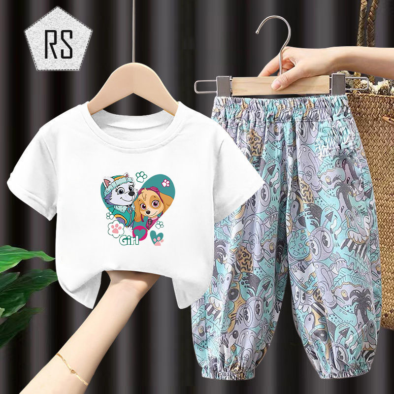 REALSELF ชุดเช็ตเด็กผญ เสื้อยืดเด็กผญ พิมพ์ลายการ์ตูนสุดน่ารัก เสื้อแขนสั้นคอกลมผ้าฝ้ายสําหรับเด็ก + กางเกงขายาว24314 ราคา 90 บาท*ส่งฟรี